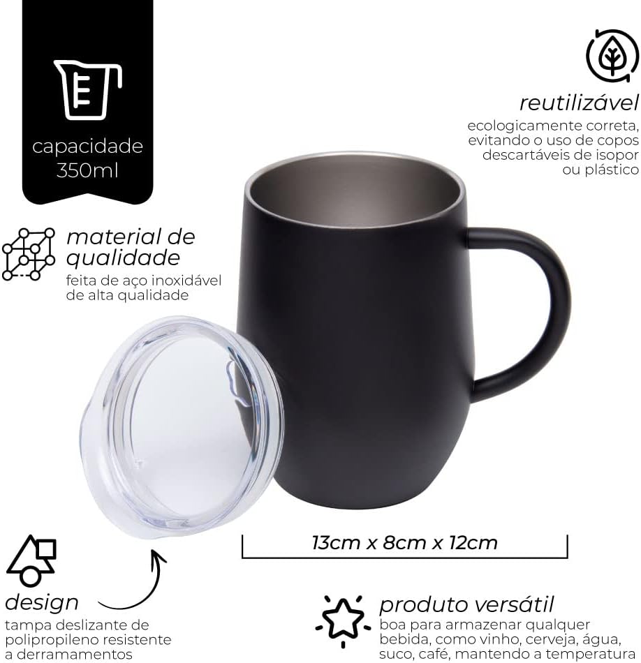 Uma caneca preta com uma tampa transparente e interior cinza. Um presente para chefe saindo da empresa ideal para utilizar no dia a dia.