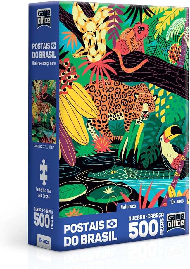 Quebra-cabeça de 500 peças com ilustração da fauna e flora brasileira: Onça pintada, tucano, jacaré, vitória régia, cacau e plantas diversas. Uma opção de presente para madrasta estimulante.